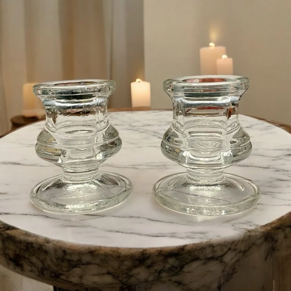 Vintage Clear Glass Candle Holders - Set of 2 Reversible Taper & Tealight